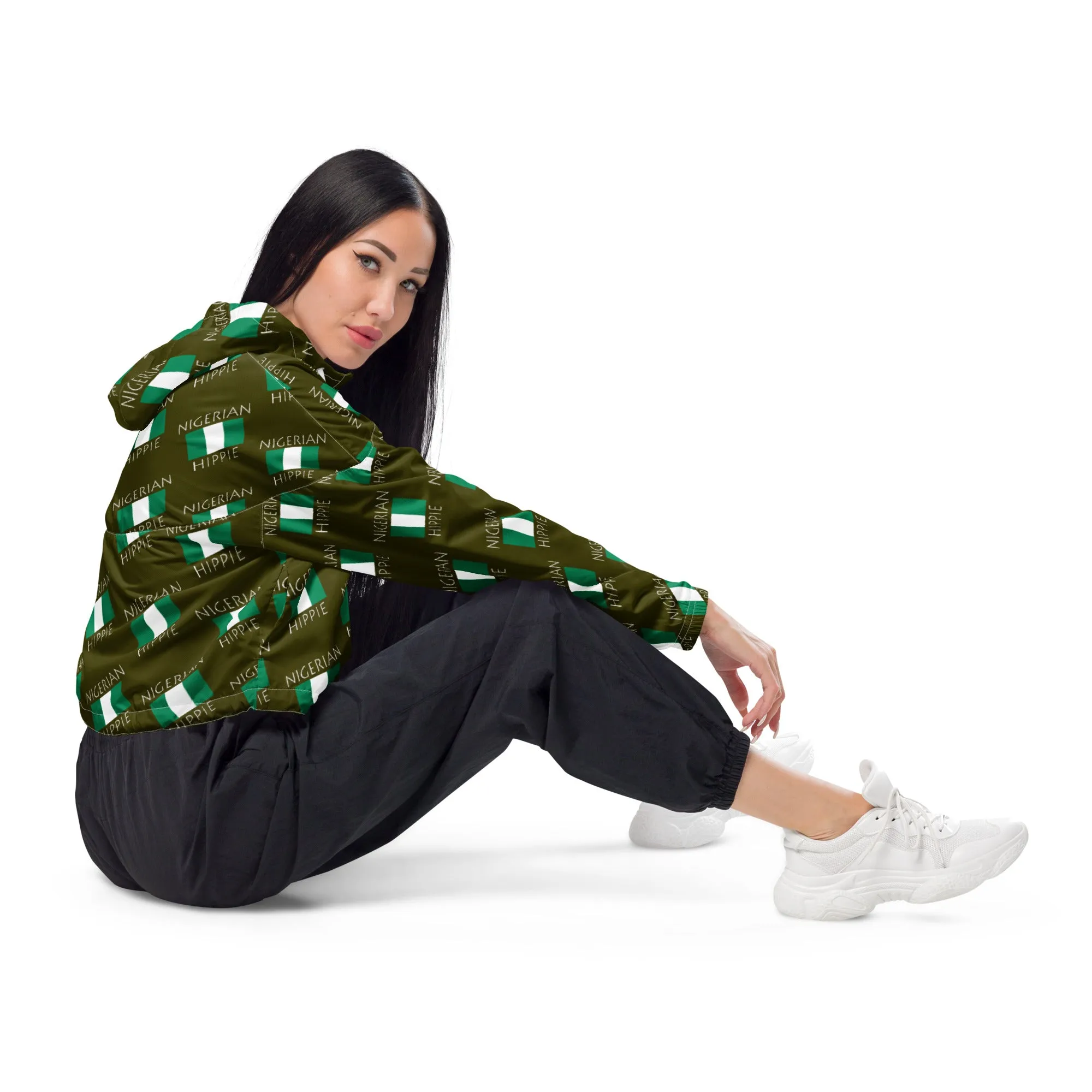Nigerian Flag Hippie Women’s Stylish cropped half-zip windbreaker