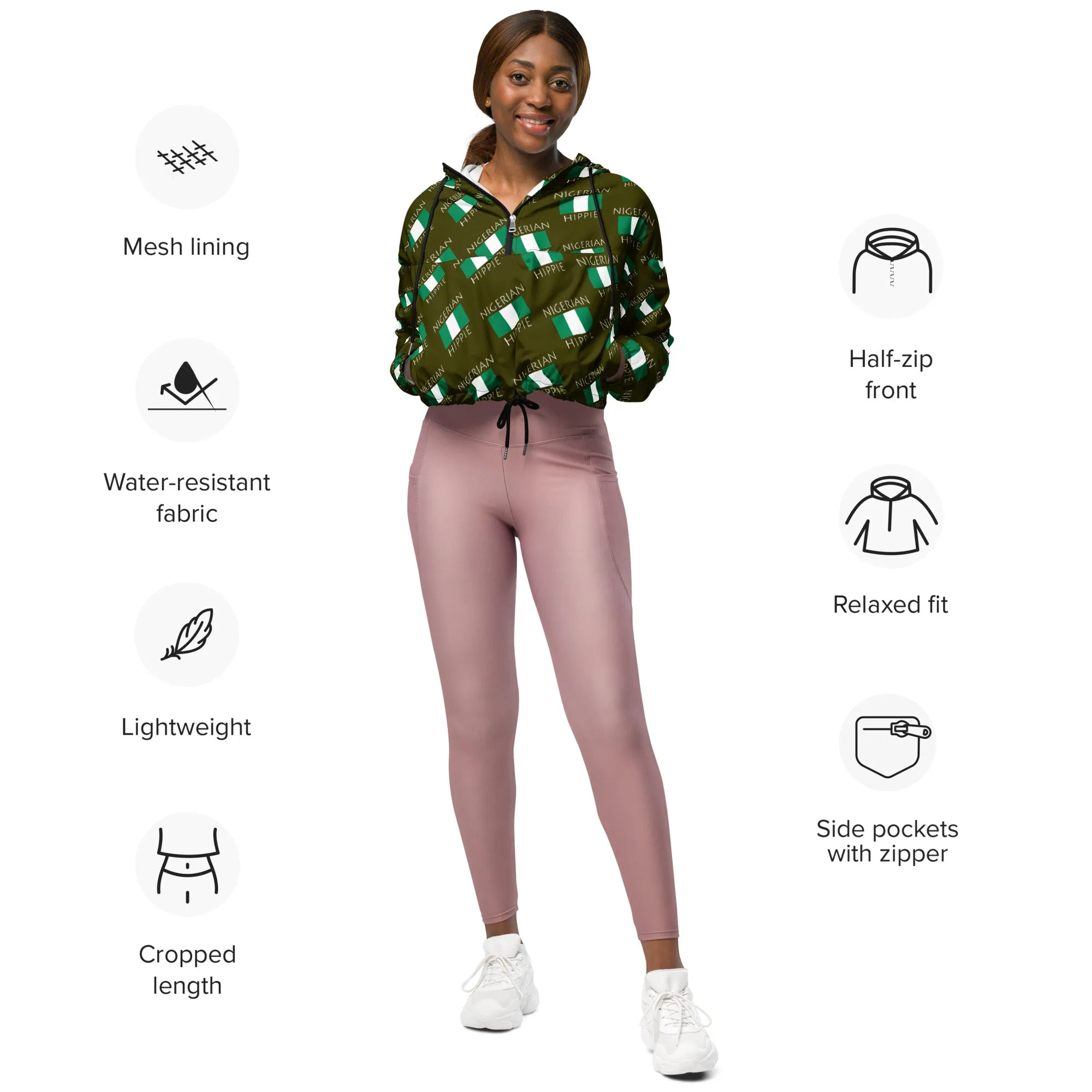 Nigerian Flag Hippie Women’s Stylish cropped half-zip windbreaker