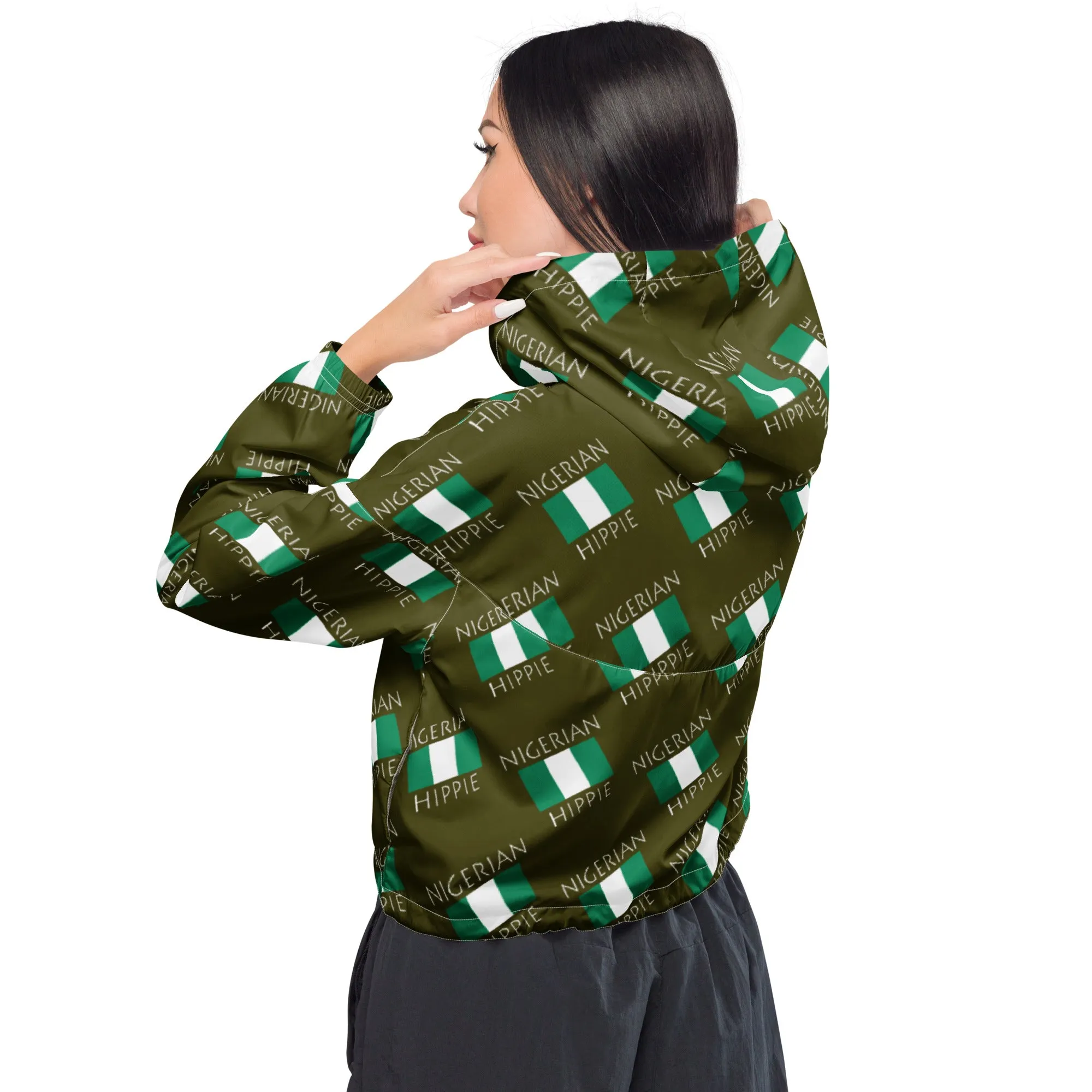 Nigerian Flag Hippie Women’s Stylish cropped half-zip windbreaker
