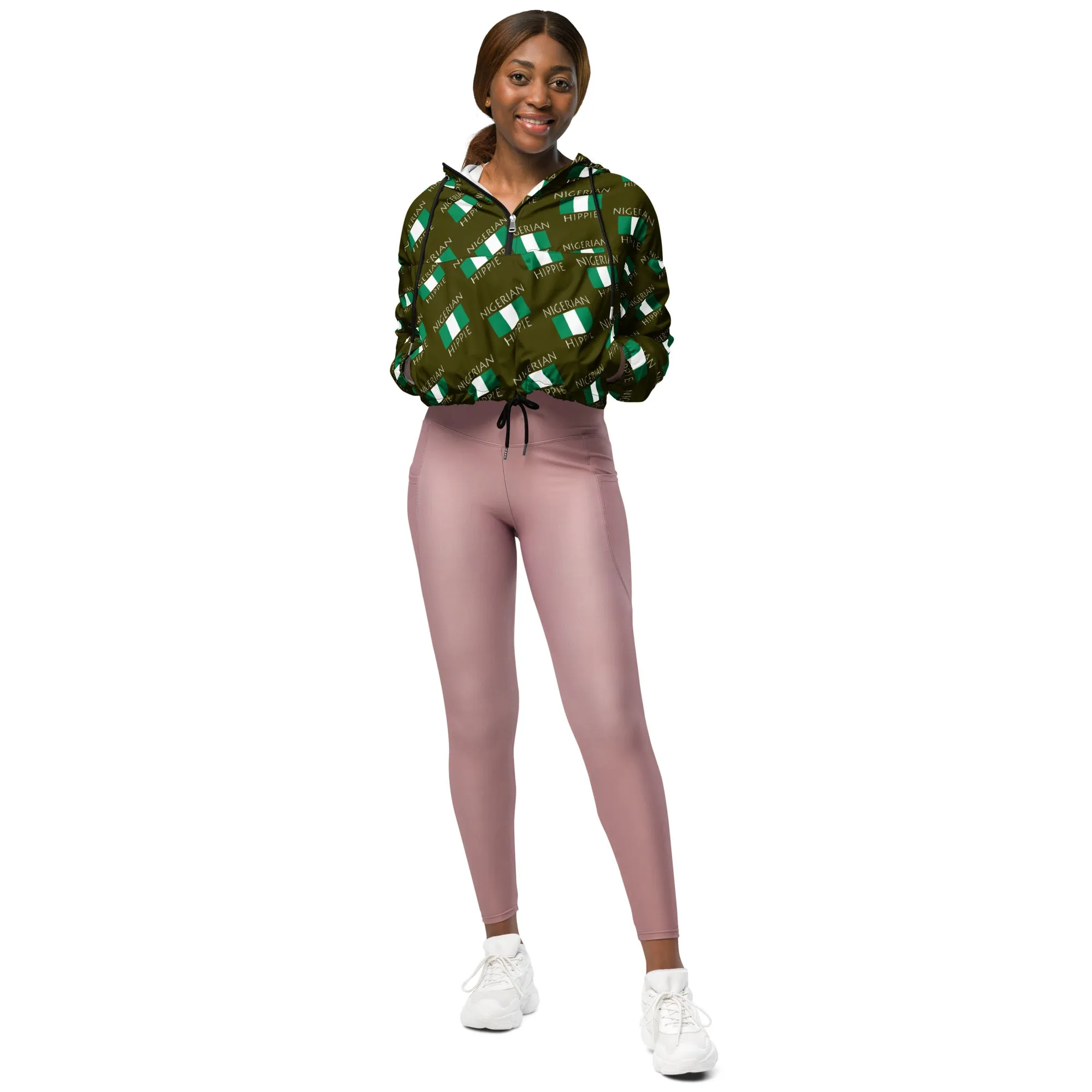 Nigerian Flag Hippie Women’s Stylish cropped half-zip windbreaker