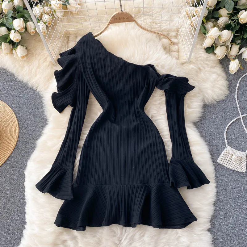 Off-the-shoulder Ruffled Flared Sleeve Dress