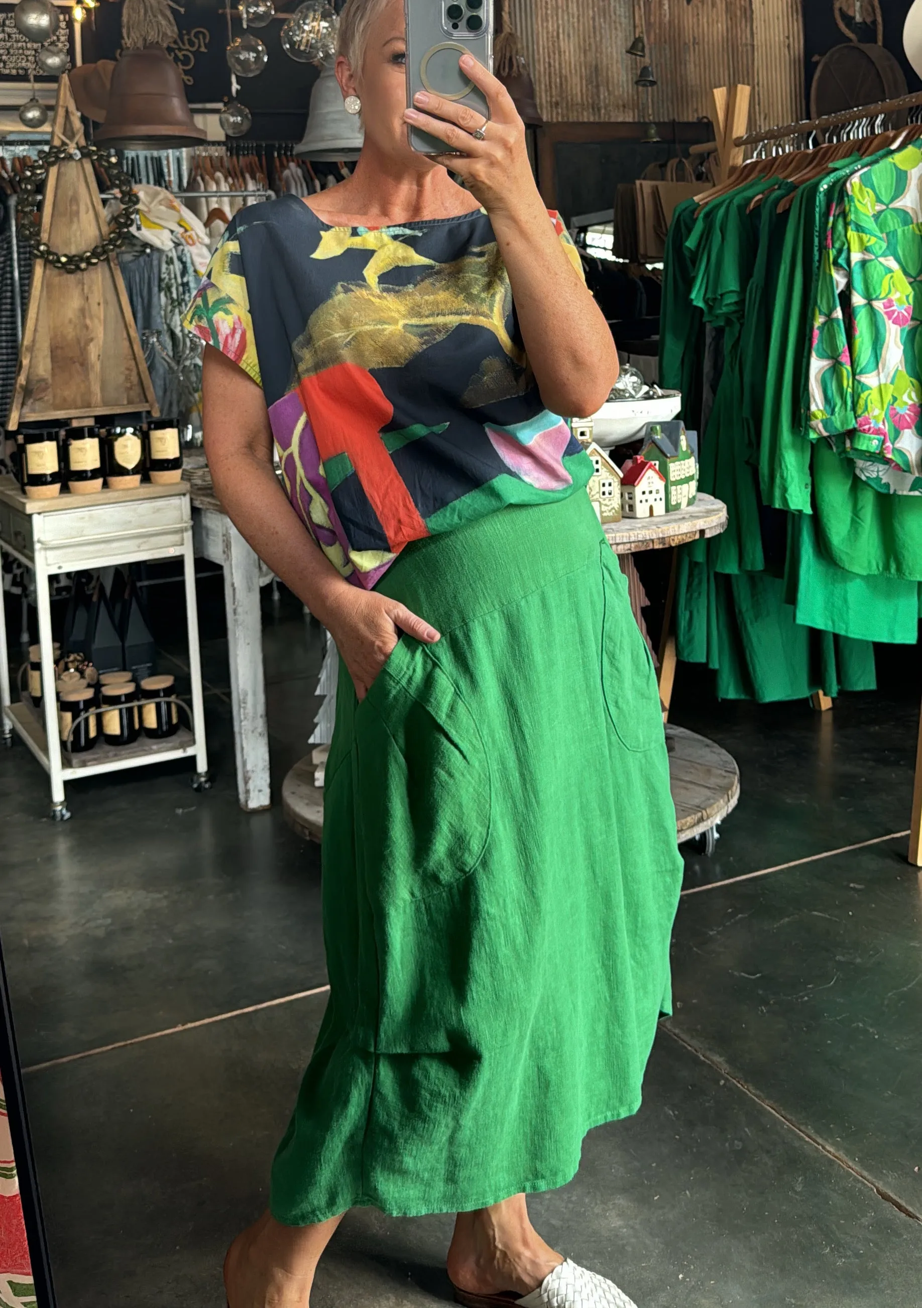 OLGA DE POLGA MILWAUKEE FIESTA SKIRT - EMERALD GREEN LINEN
