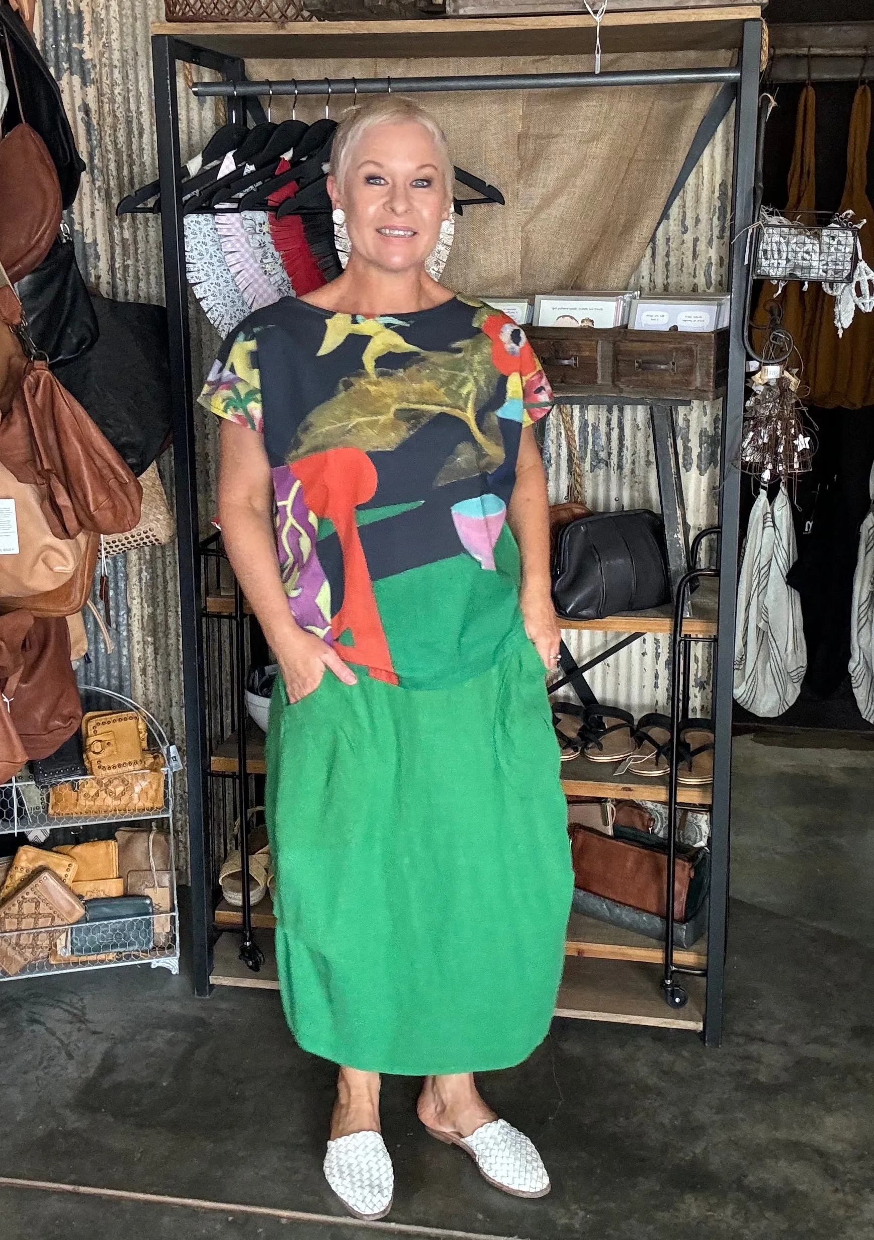OLGA DE POLGA MILWAUKEE FIESTA SKIRT - EMERALD GREEN LINEN