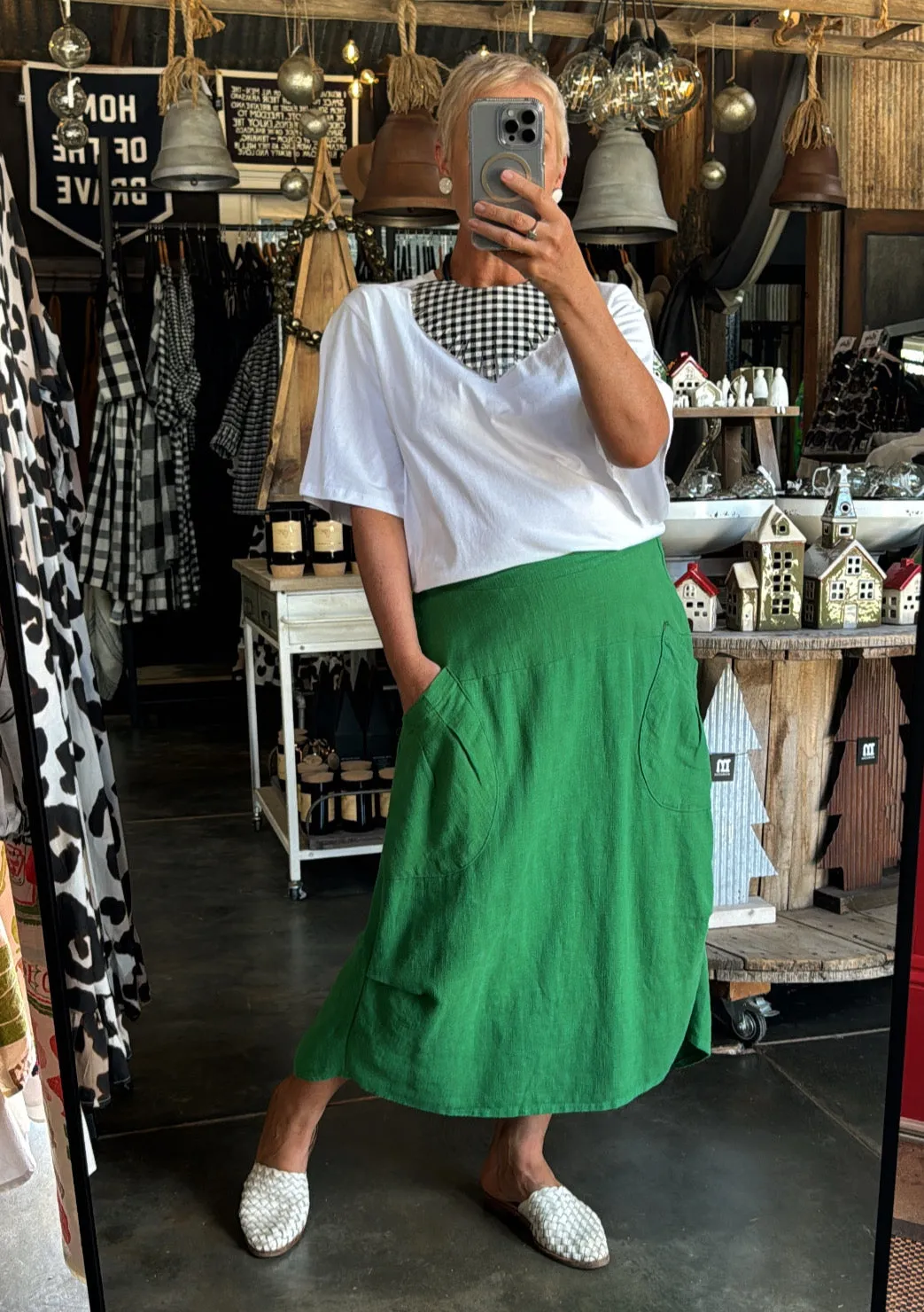 OLGA DE POLGA MILWAUKEE FIESTA SKIRT - EMERALD GREEN LINEN