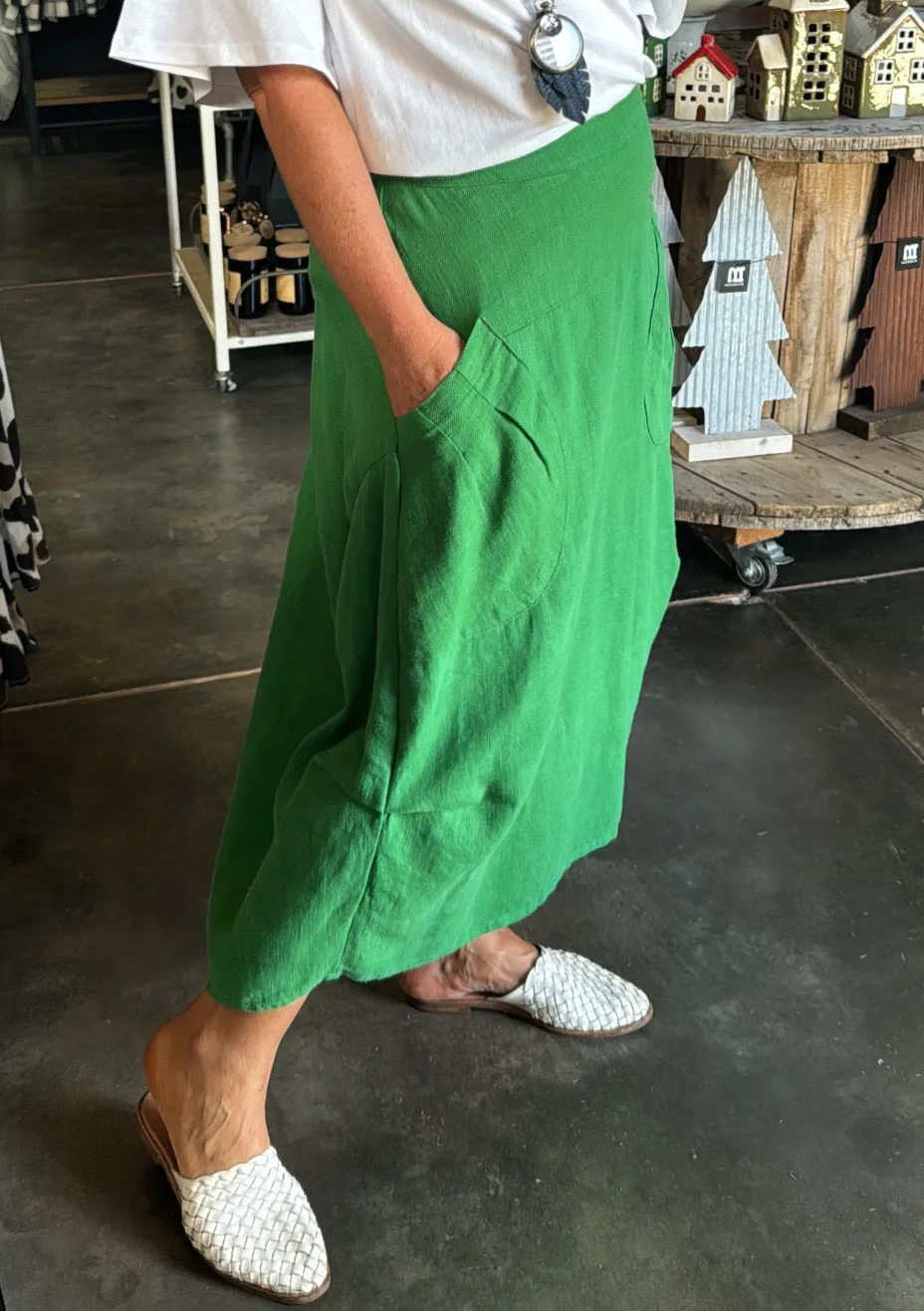 OLGA DE POLGA MILWAUKEE FIESTA SKIRT - EMERALD GREEN LINEN