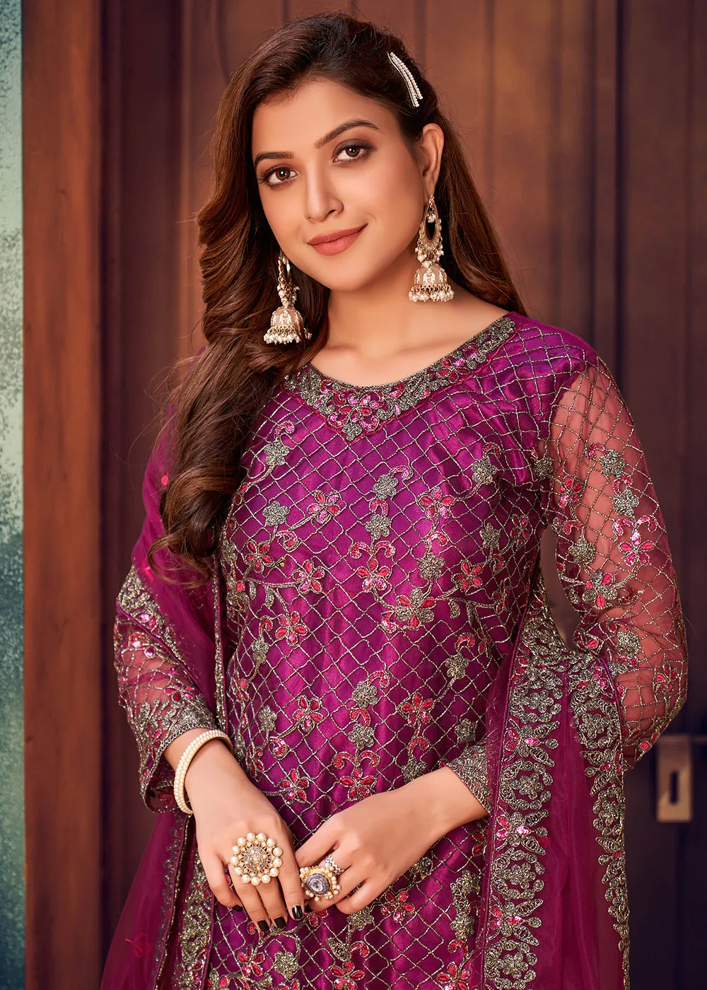 Pearlescent Purple Layered Festive Pant Style Salwar Suit