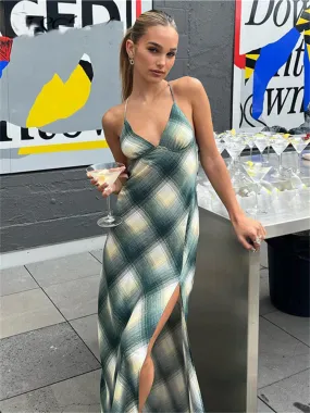 Plaid Print Backless Split Maxi Dress Women Sexy Spaghetti Strap Sleeveless Party Dresses
