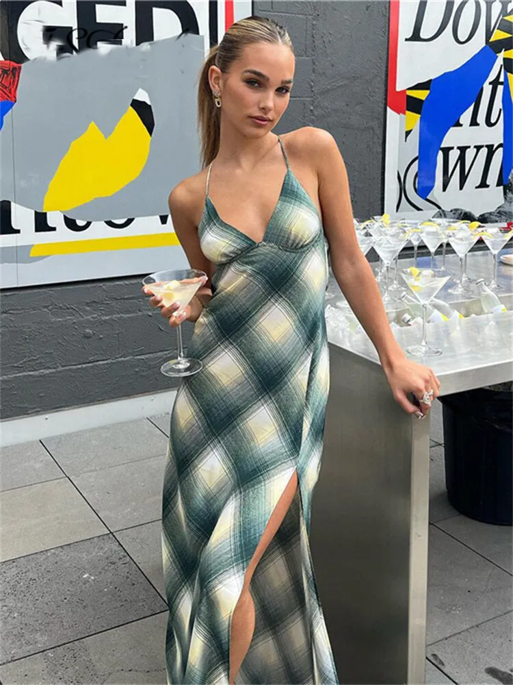 Plaid Print Backless Split Maxi Dress Women Sexy Spaghetti Strap Sleeveless Party Dresses