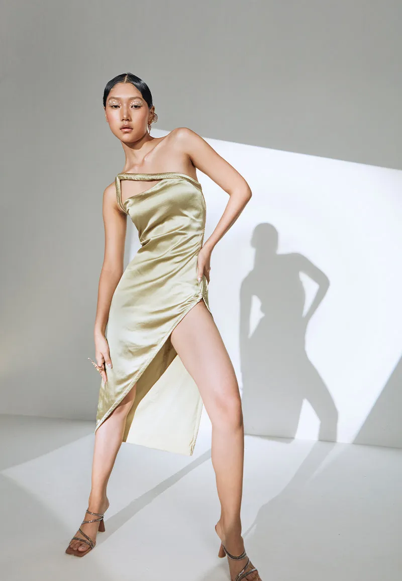 Pleated Asymmetrical Slip Dress in Olive Green
