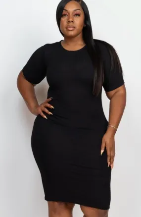Plus Ribbed Bodycon Black Dress