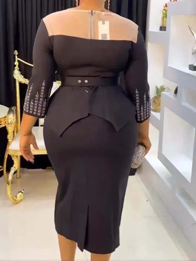 Plus Size African Bodycon Maxi Dress for Women – 3/4 Sleeve Polyester Evening Gown