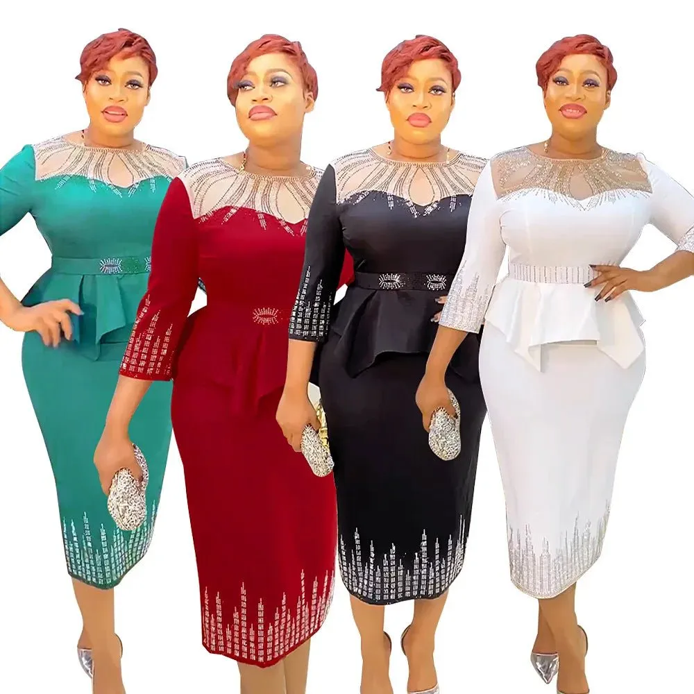 Plus Size African Bodycon Maxi Dress for Women – 3/4 Sleeve Polyester Evening Gown