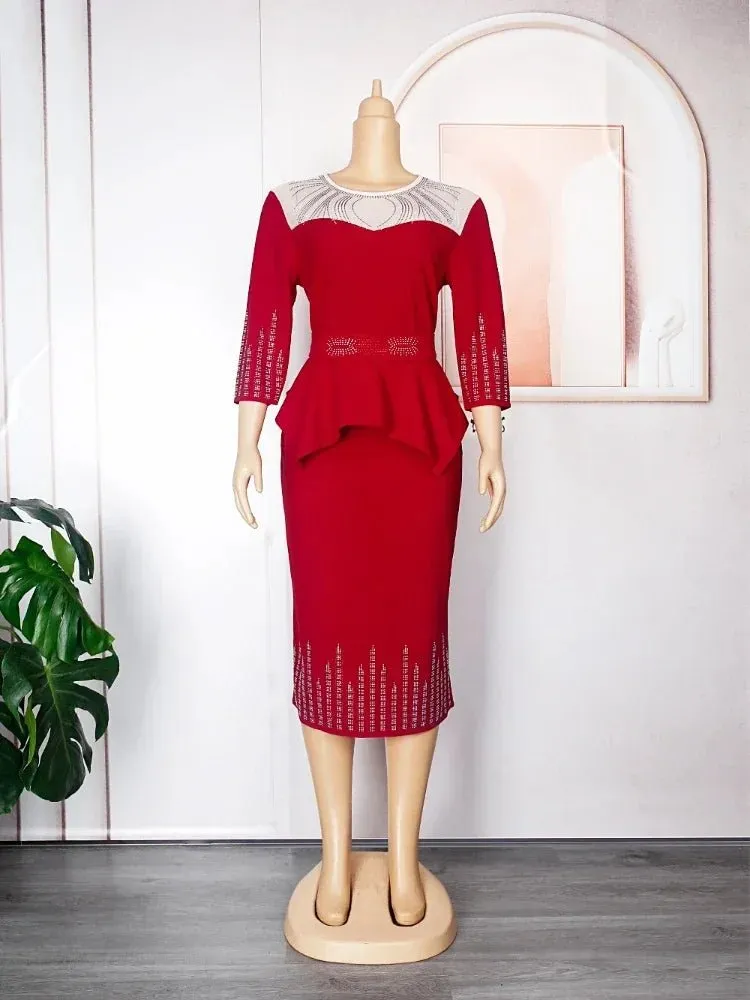 Plus Size African Bodycon Maxi Dress for Women – 3/4 Sleeve Polyester Evening Gown