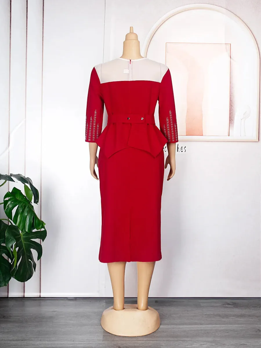 Plus Size African Bodycon Maxi Dress for Women – 3/4 Sleeve Polyester Evening Gown