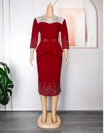 Plus Size African Bodycon Maxi Dress for Women – 3/4 Sleeve Polyester Evening Gown