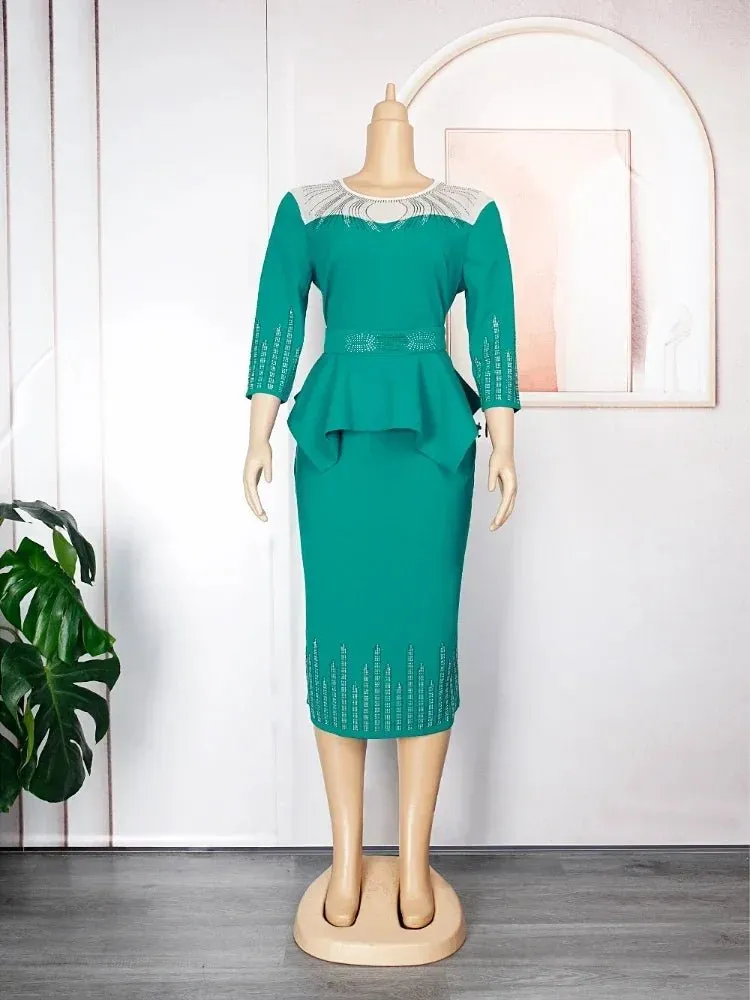 Plus Size African Bodycon Maxi Dress for Women – 3/4 Sleeve Polyester Evening Gown