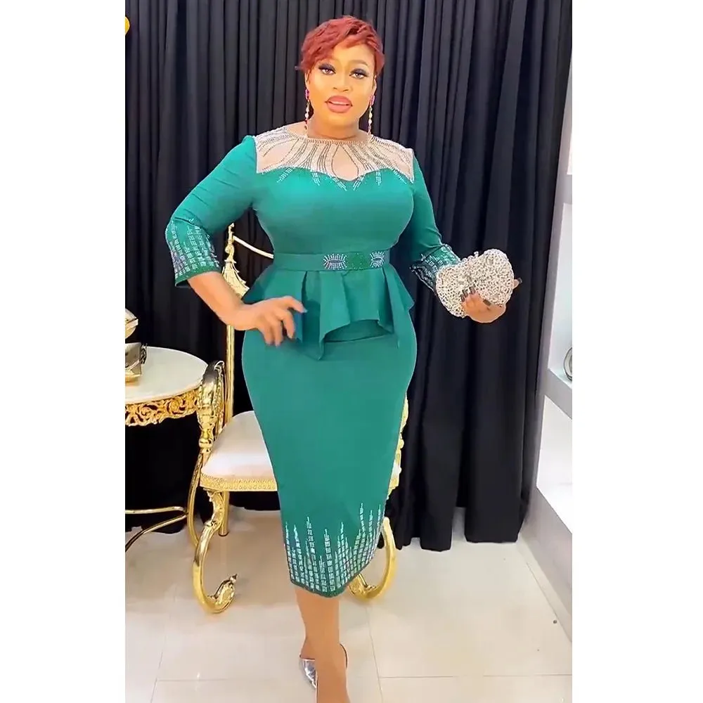 Plus Size African Bodycon Maxi Dress for Women – 3/4 Sleeve Polyester Evening Gown