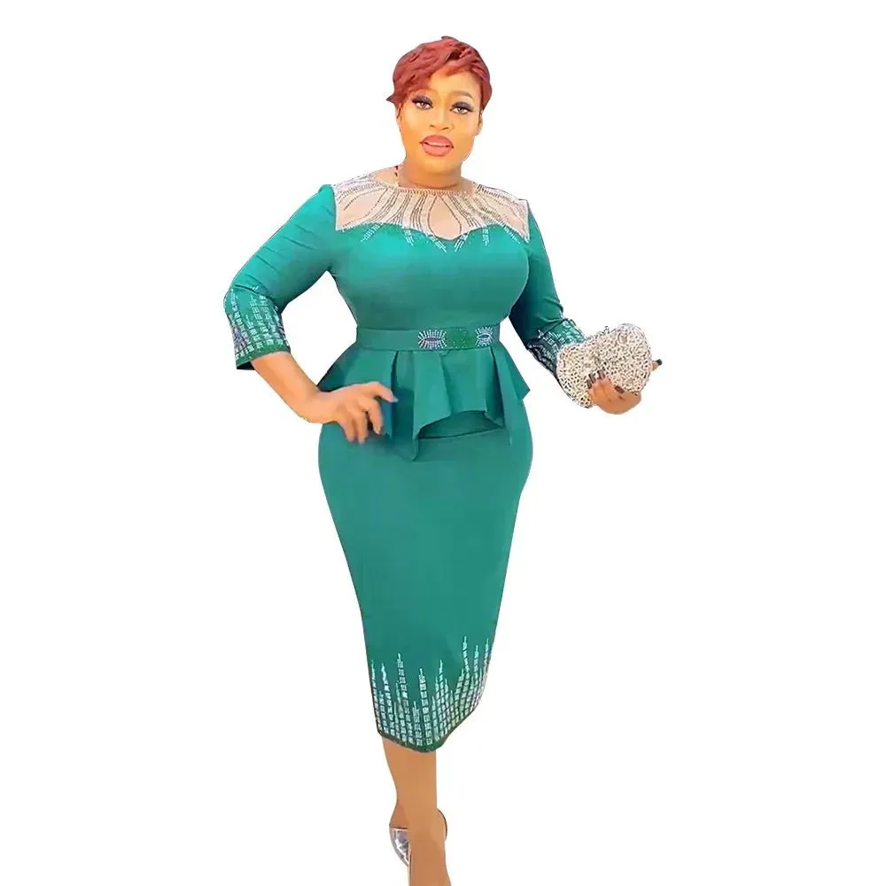 Plus Size African Bodycon Maxi Dress for Women – 3/4 Sleeve Polyester Evening Gown
