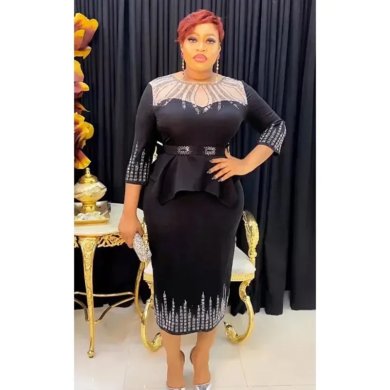 Plus Size African Bodycon Maxi Dress for Women – 3/4 Sleeve Polyester Evening Gown