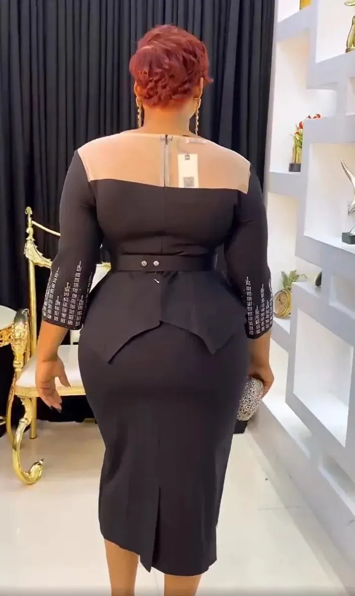 Plus Size African Bodycon Maxi Dress for Women – 3/4 Sleeve Polyester Evening Gown