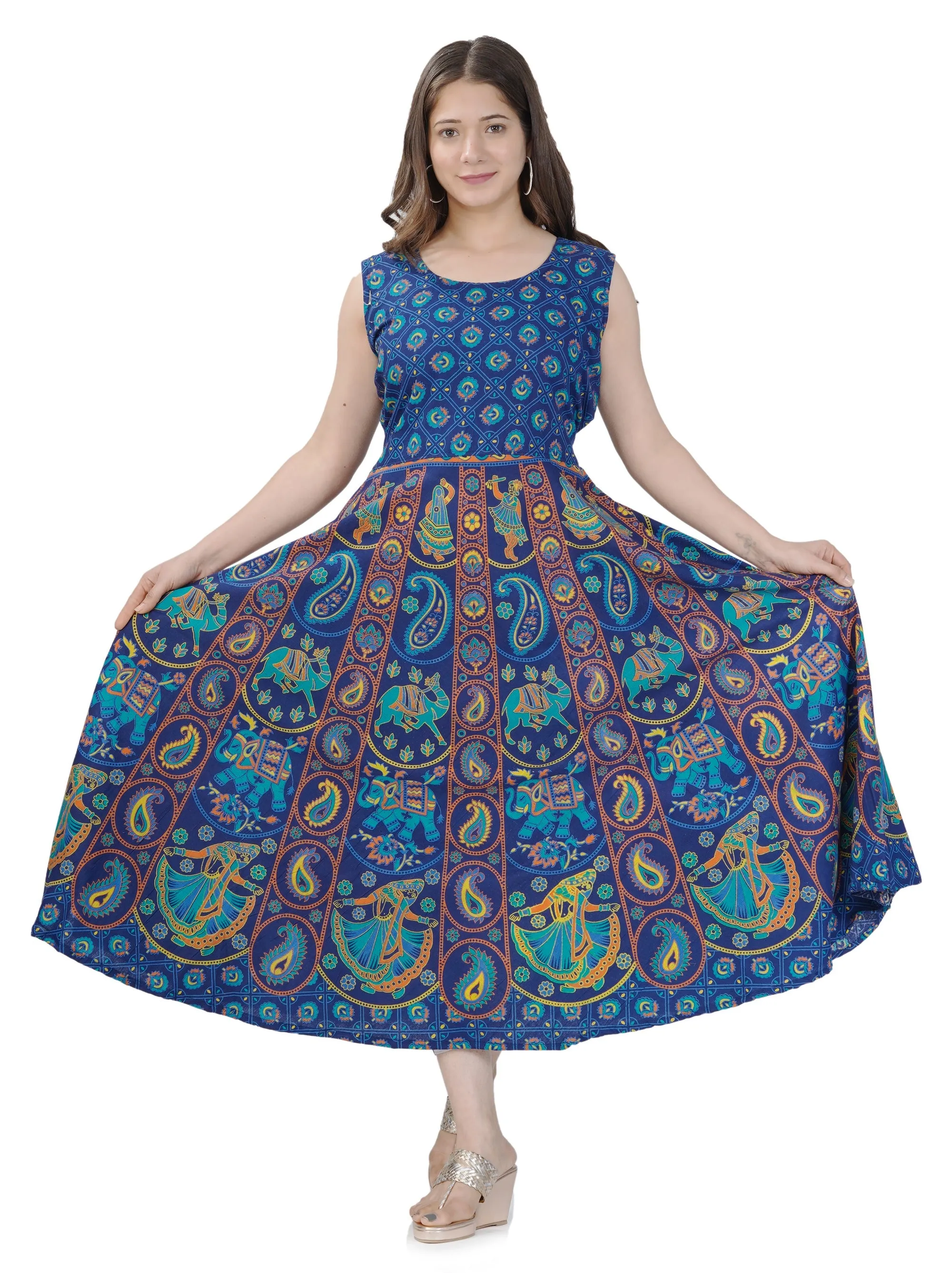 Printed Women Cotton Maternity Semi-Stitched Fabric Maxi Dress -Free Size