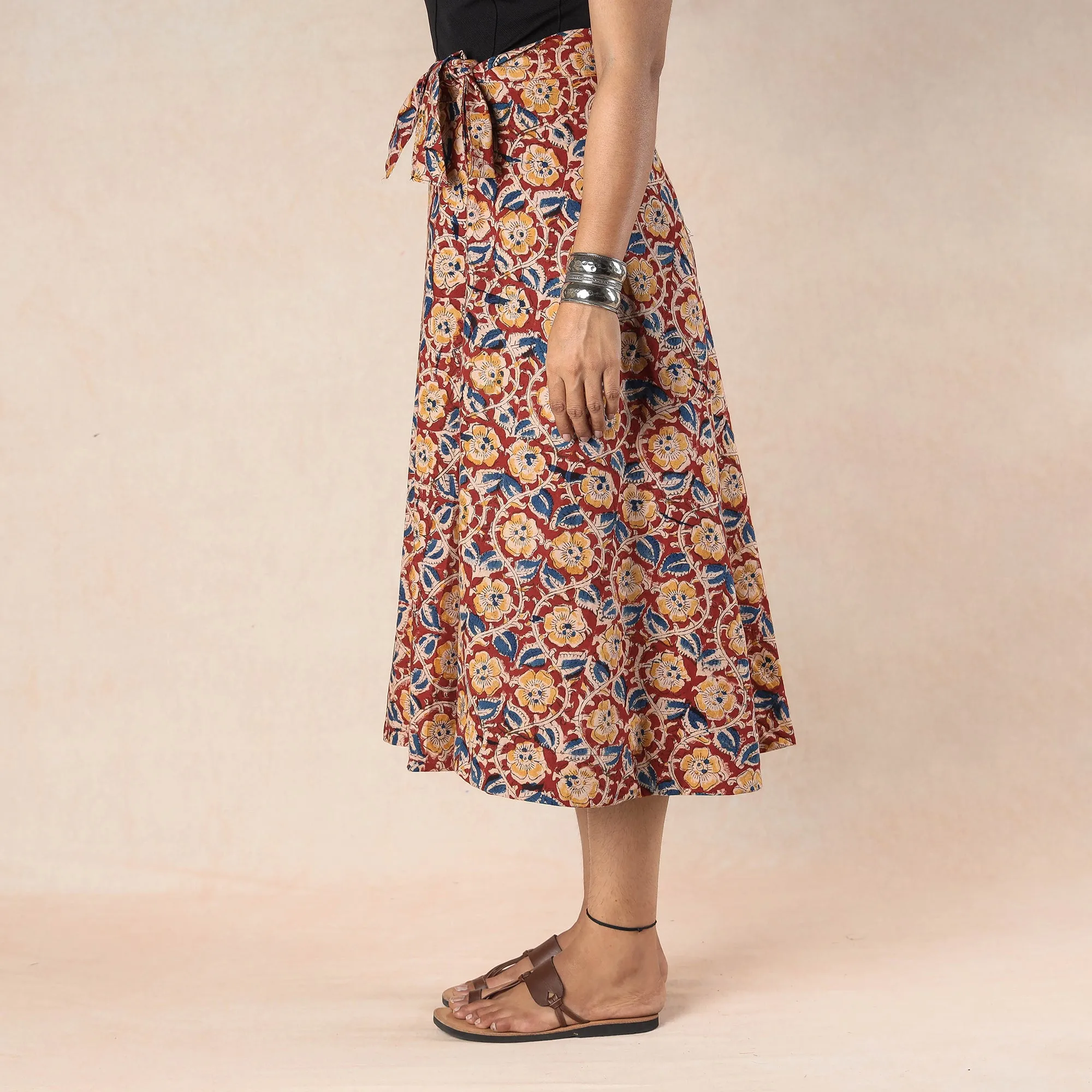 Red - Kalamkari Block Printed Cotton Wrap Around Skirt
