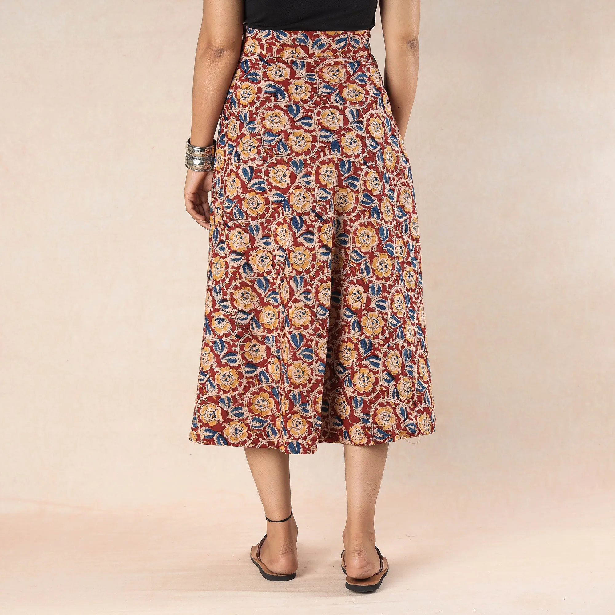 Red - Kalamkari Block Printed Cotton Wrap Around Skirt