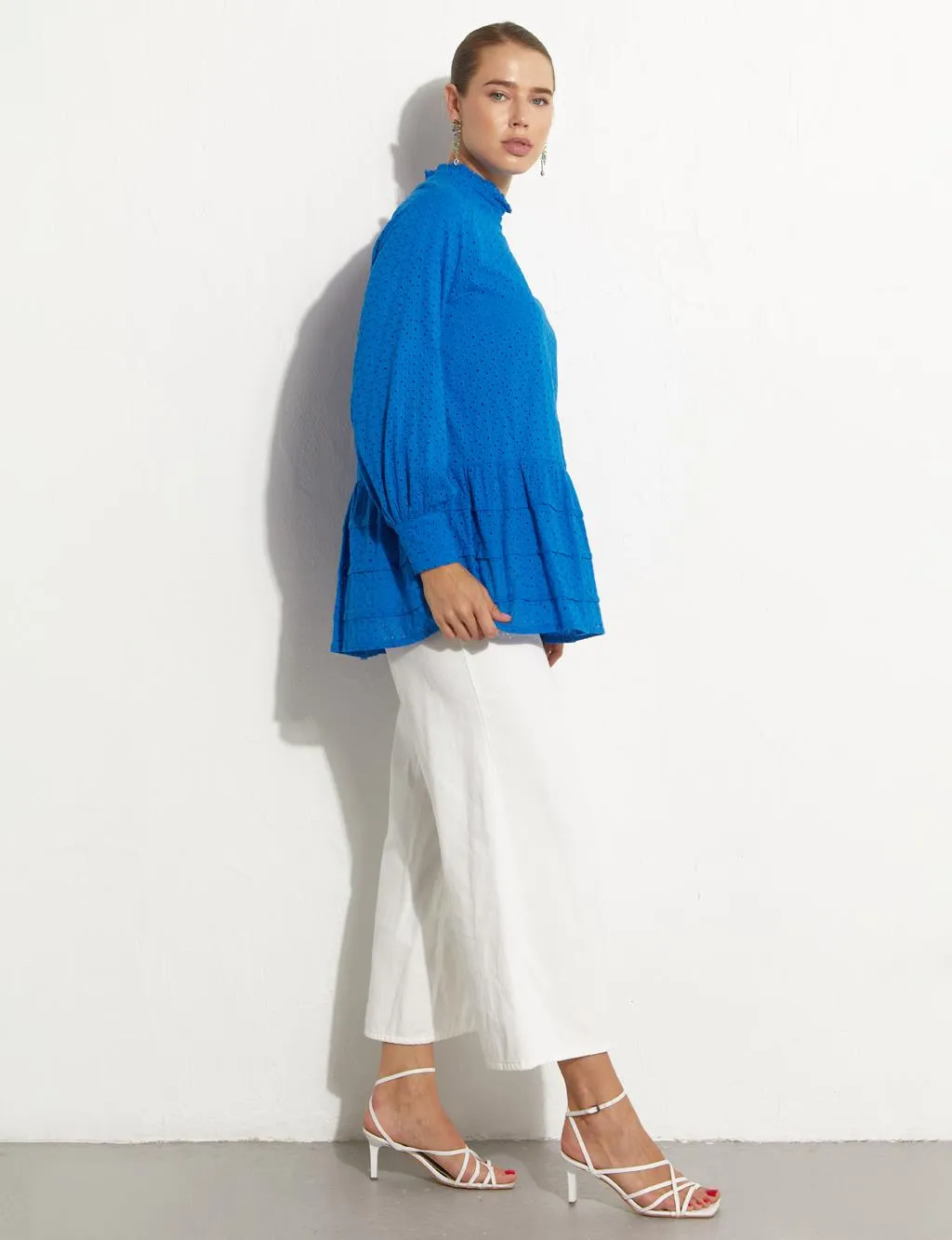 Ruffle Collar Embroidery Tunic Cobalt Blue