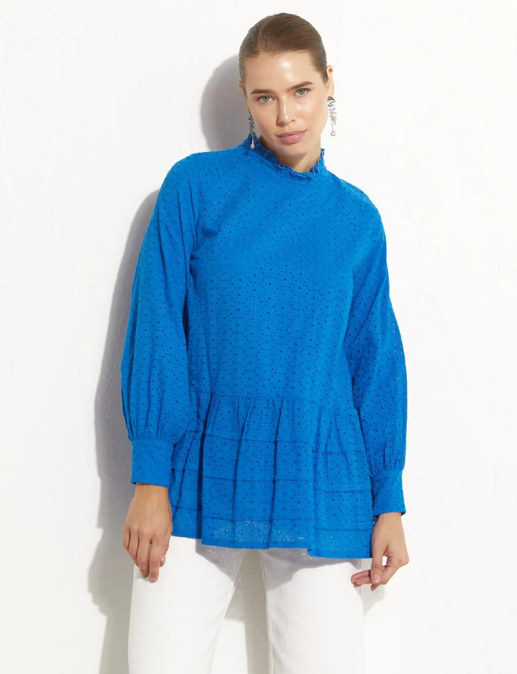 Ruffle Collar Embroidery Tunic Cobalt Blue