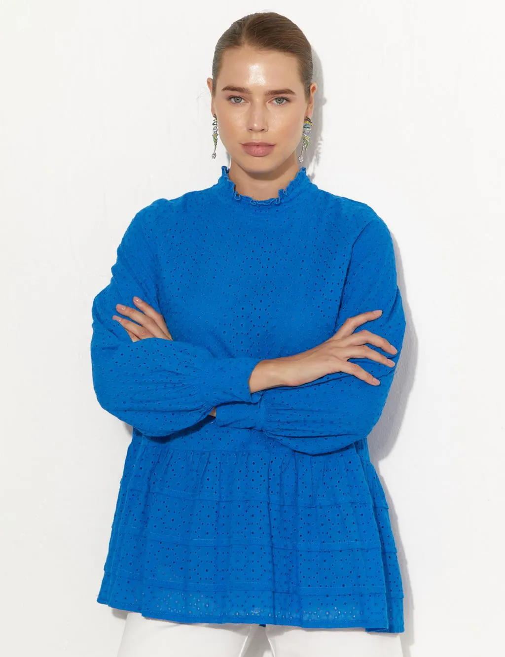 Ruffle Collar Embroidery Tunic Cobalt Blue