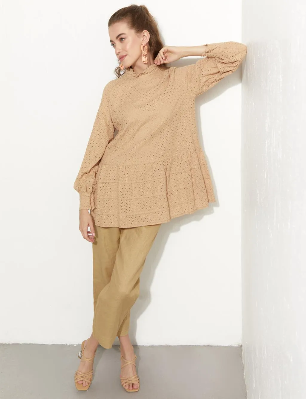 Ruffle Collar Embroidery Tunic Skin Color