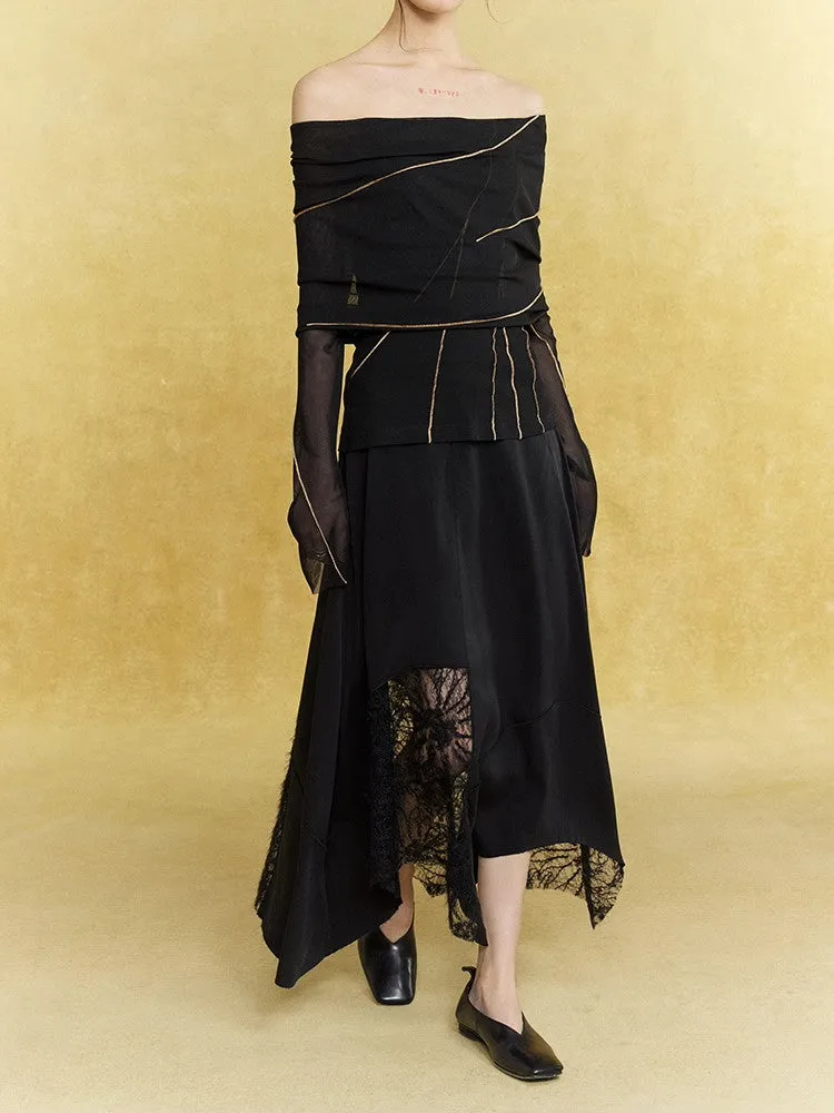 Satin Lace Asymmetry Elegant Chic Long-Skirt