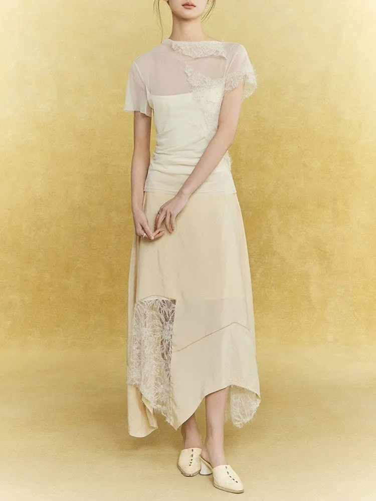 Satin Lace Asymmetry Elegant Chic Long-Skirt