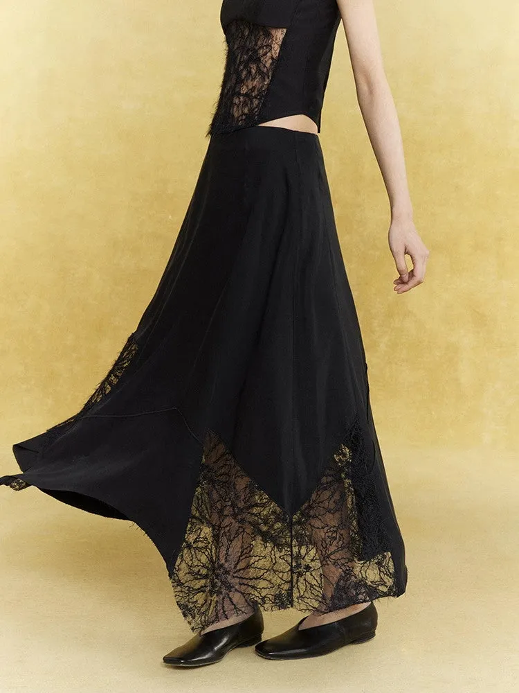 Satin Lace Asymmetry Elegant Chic Long-Skirt
