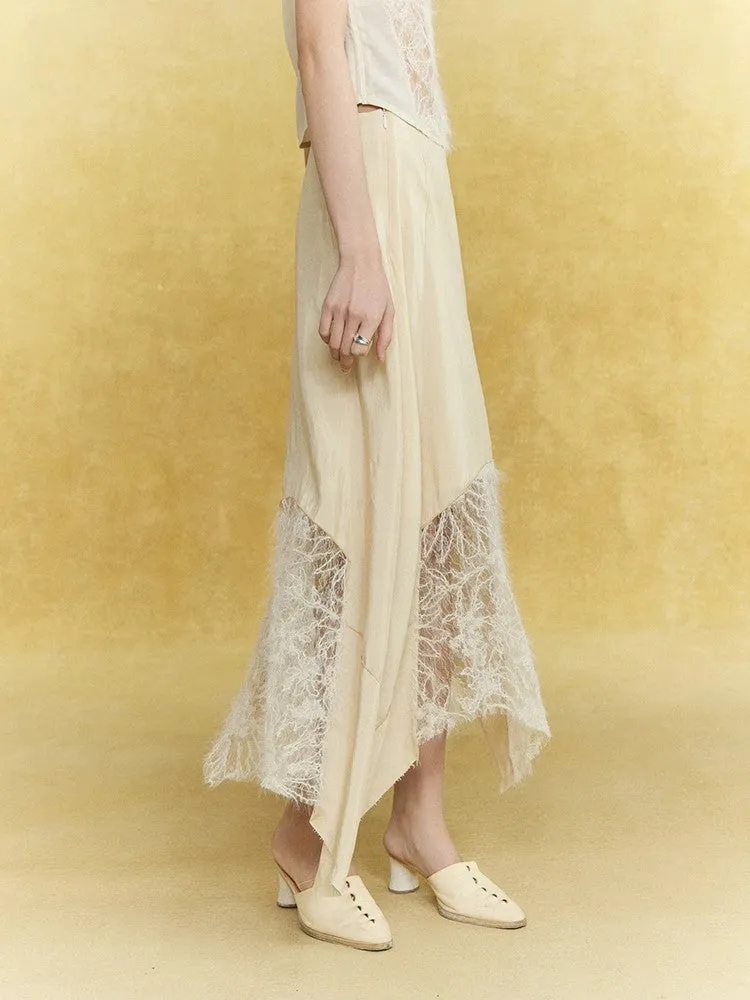 Satin Lace Asymmetry Elegant Chic Long-Skirt