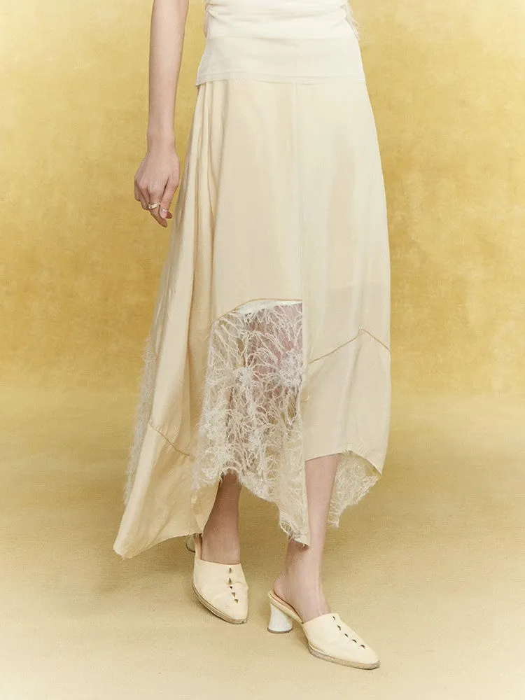 Satin Lace Asymmetry Elegant Chic Long-Skirt