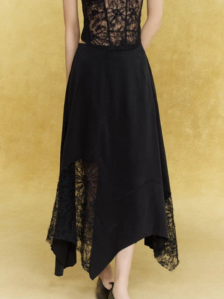 Satin Lace Asymmetry Elegant Chic Long-Skirt