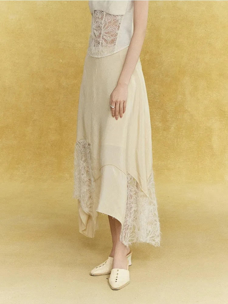 Satin Lace Asymmetry Elegant Chic Long-Skirt