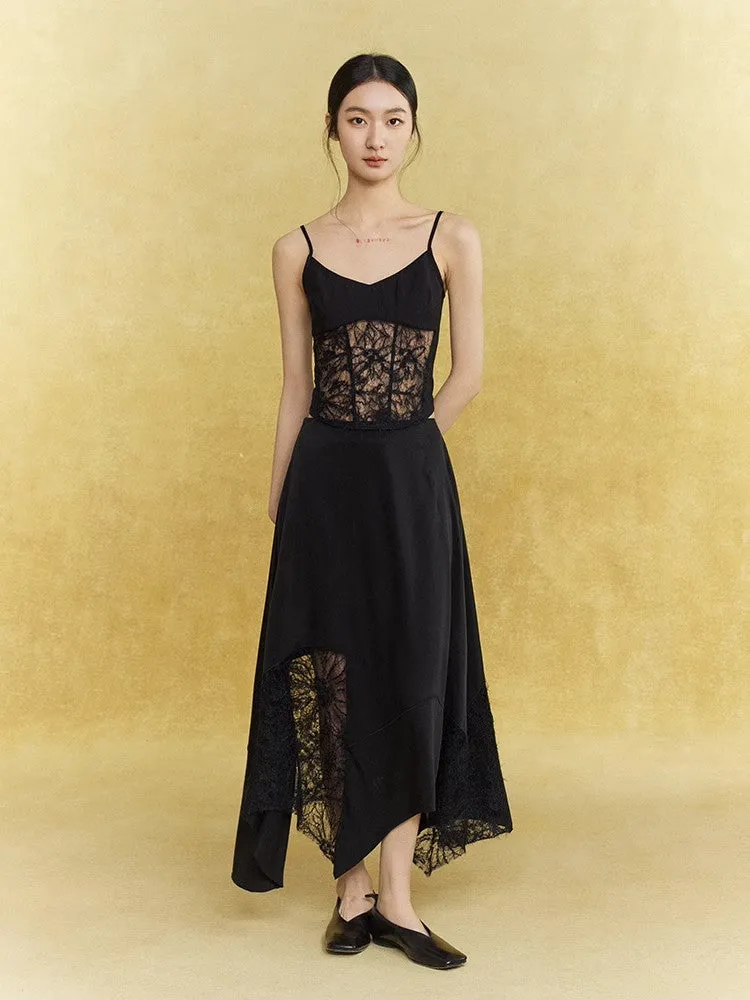 Satin Lace Asymmetry Elegant Chic Long-Skirt