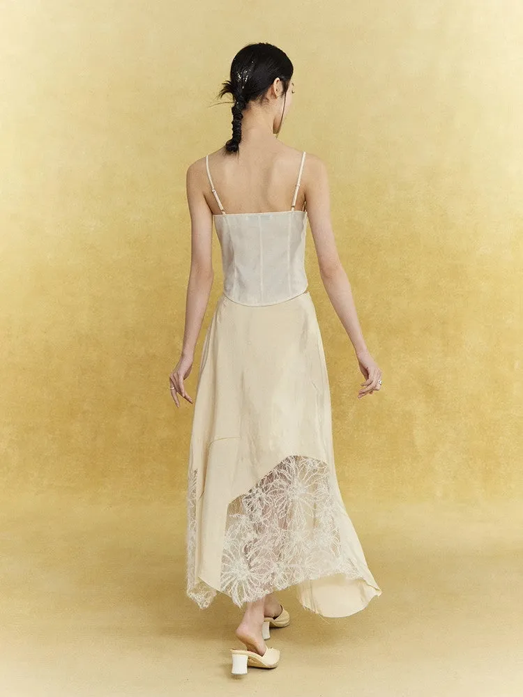Satin Lace Asymmetry Elegant Chic Long-Skirt