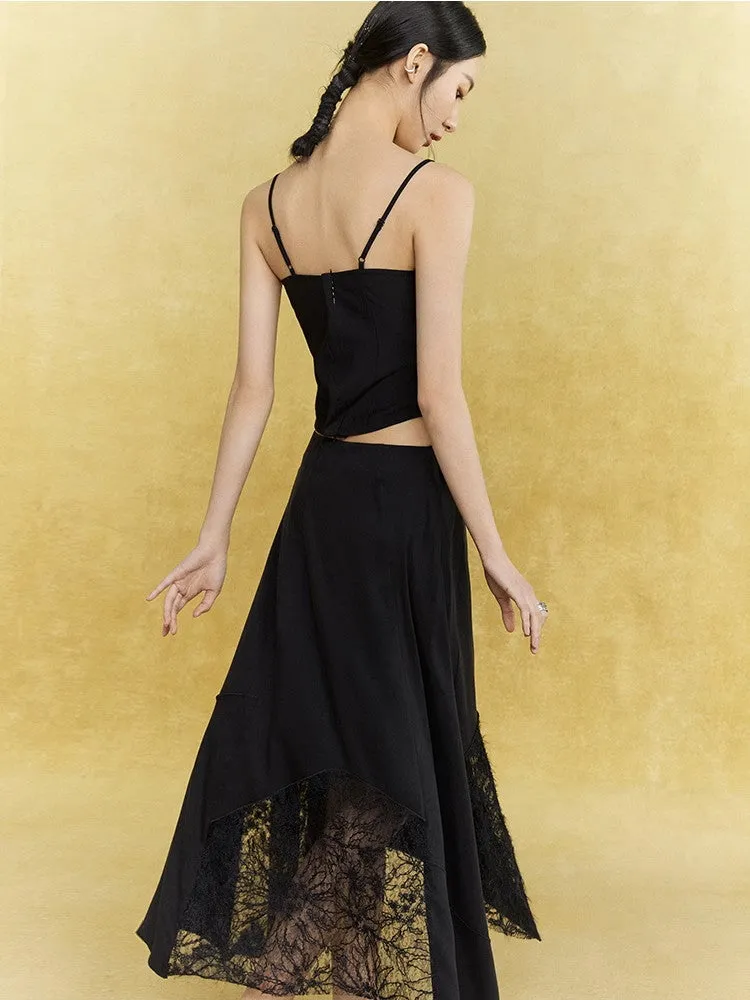 Satin Lace Asymmetry Elegant Chic Long-Skirt