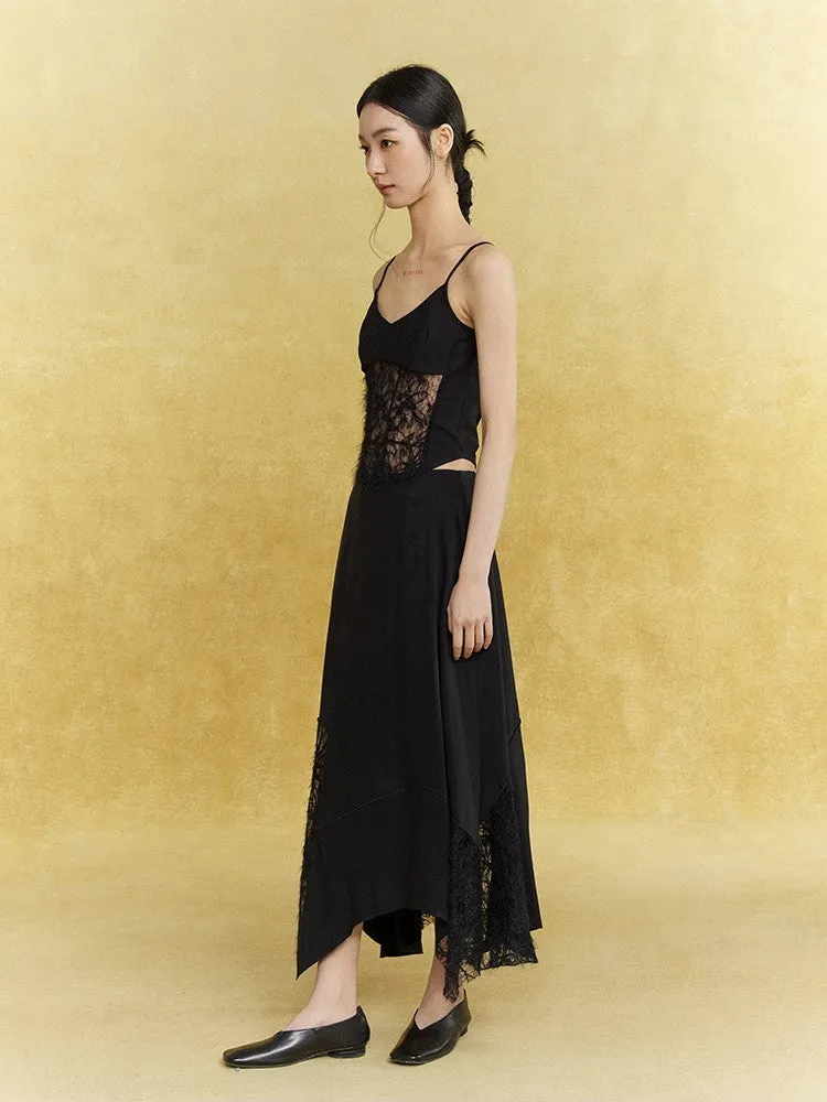 Satin Lace Asymmetry Elegant Chic Long-Skirt