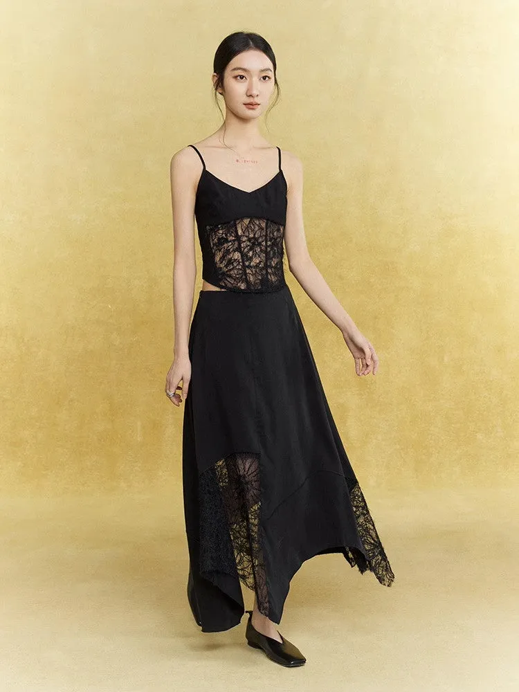 Satin Lace Asymmetry Elegant Chic Long-Skirt