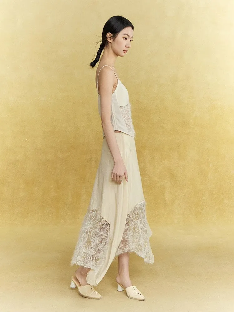 Satin Lace Asymmetry Elegant Chic Long-Skirt