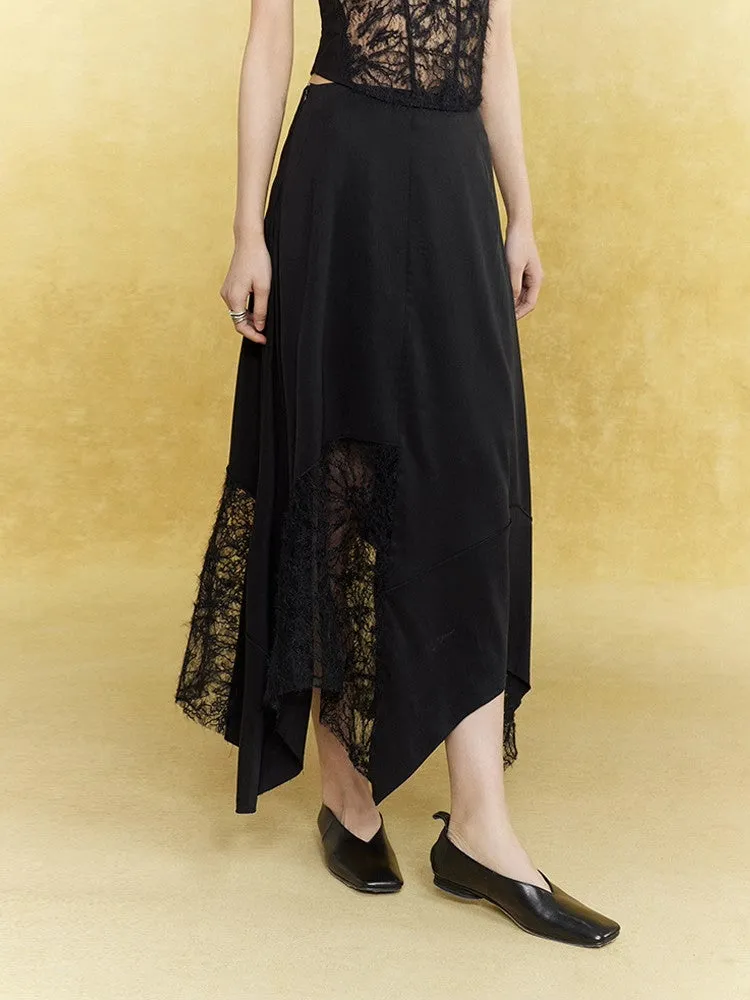 Satin Lace Asymmetry Elegant Chic Long-Skirt