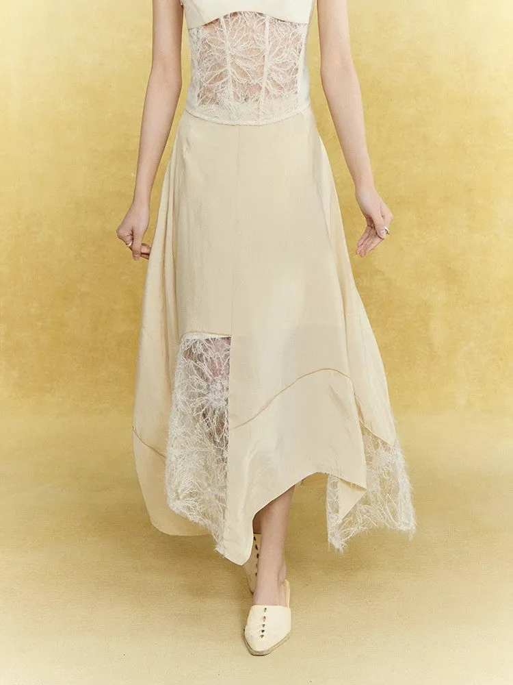 Satin Lace Asymmetry Elegant Chic Long-Skirt