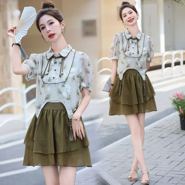 Set: Short-Sleeve Floral Asymmetrical Cropped Frog Button Blouse   Elastic Waist Mini A-Line Skirt
