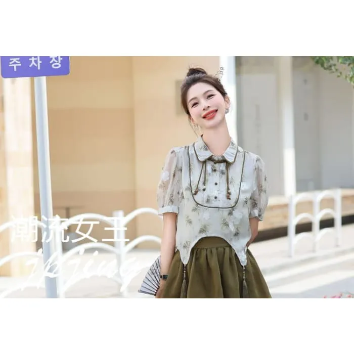 Set: Short-Sleeve Floral Asymmetrical Cropped Frog Button Blouse   Elastic Waist Mini A-Line Skirt