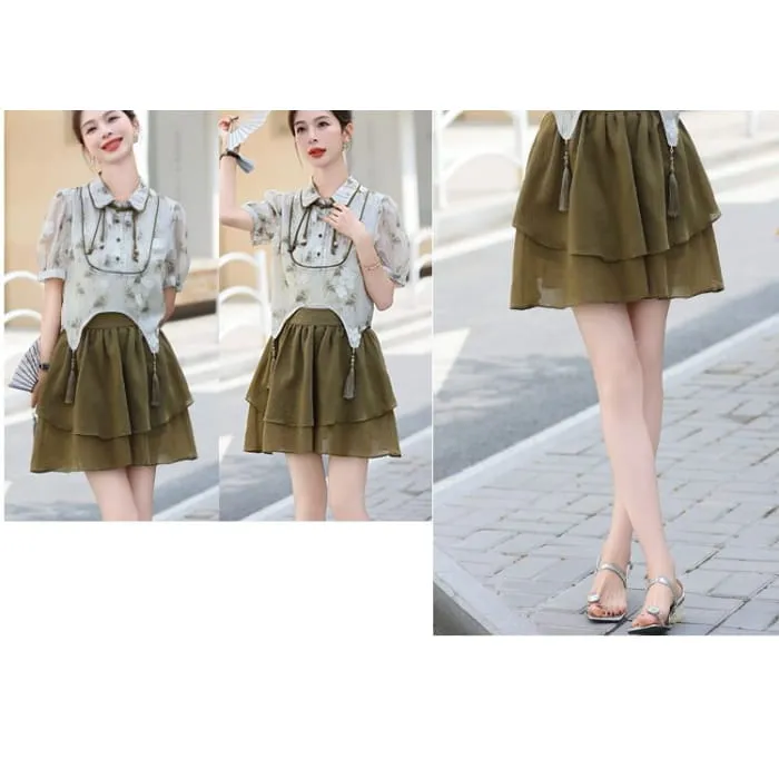 Set: Short-Sleeve Floral Asymmetrical Cropped Frog Button Blouse   Elastic Waist Mini A-Line Skirt