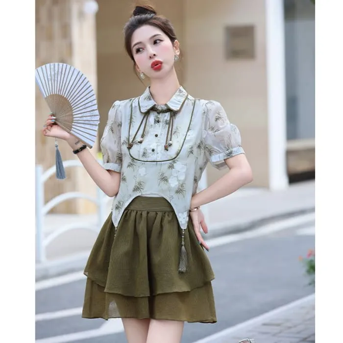 Set: Short-Sleeve Floral Asymmetrical Cropped Frog Button Blouse   Elastic Waist Mini A-Line Skirt